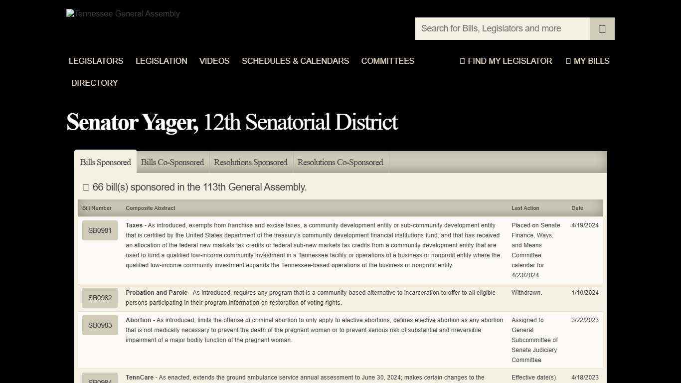 Tennessee General Assembly Sponsor List